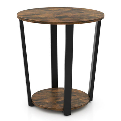 2-tier Round End Table with Storage Shelf and Metal Frame-Brown