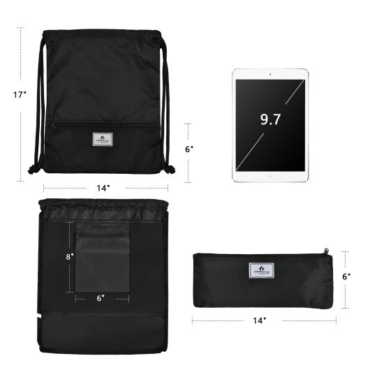Drawstring Backpack String Bag Foldable Sports Sack with Zipper Pocket-Black