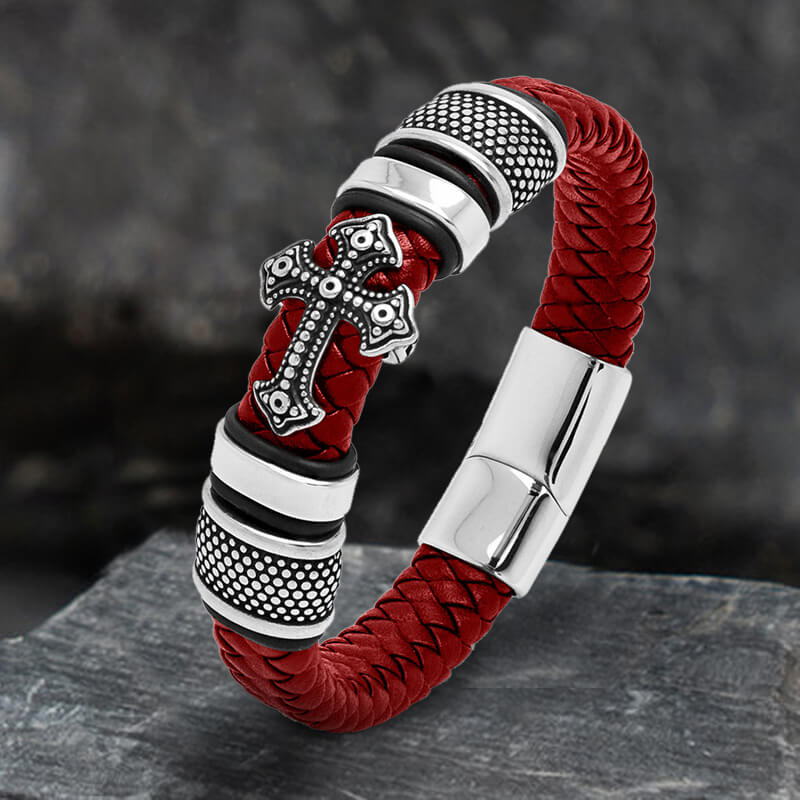 Budded Cross Stainless Steel Braided Leather Bracelet