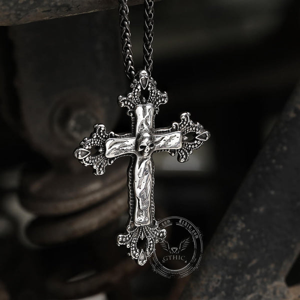 Budded Cross Stainless Steel Skull Pendant