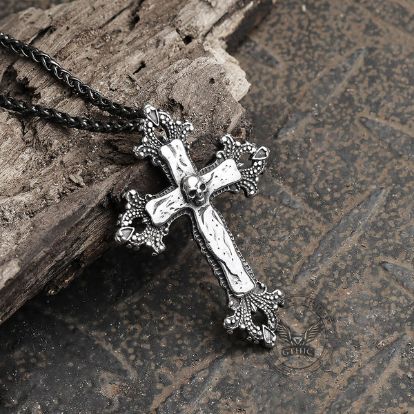 Budded Cross Stainless Steel Skull Pendant