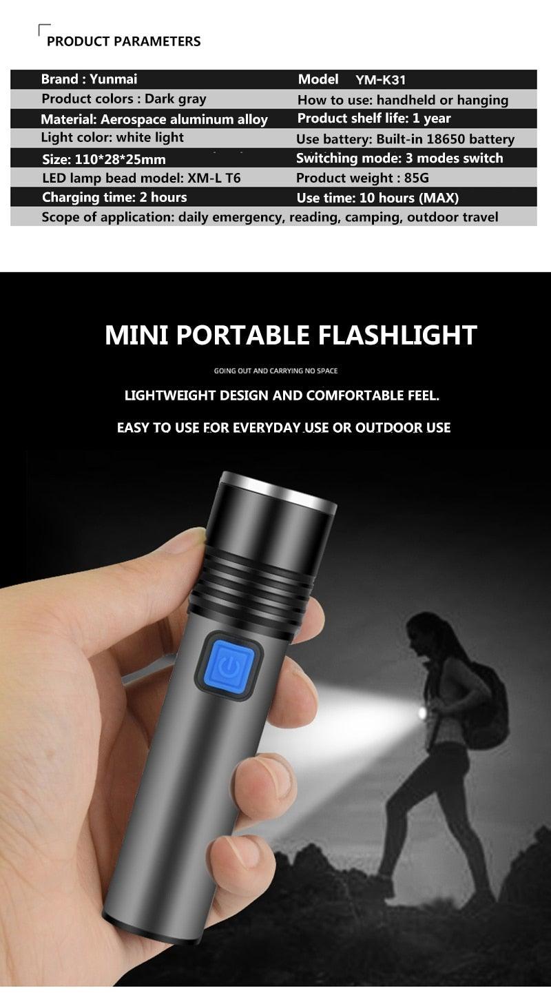 Built in battery XP-G Q5 Zoom Focus Mini led Flashlight Torch Lamp Lantern 2000 Lumen Adjustable Penlight Waterproof T6 light  Focus IP65 Water-Resistant Portable for Indoor and Outdoor Camping Hiking