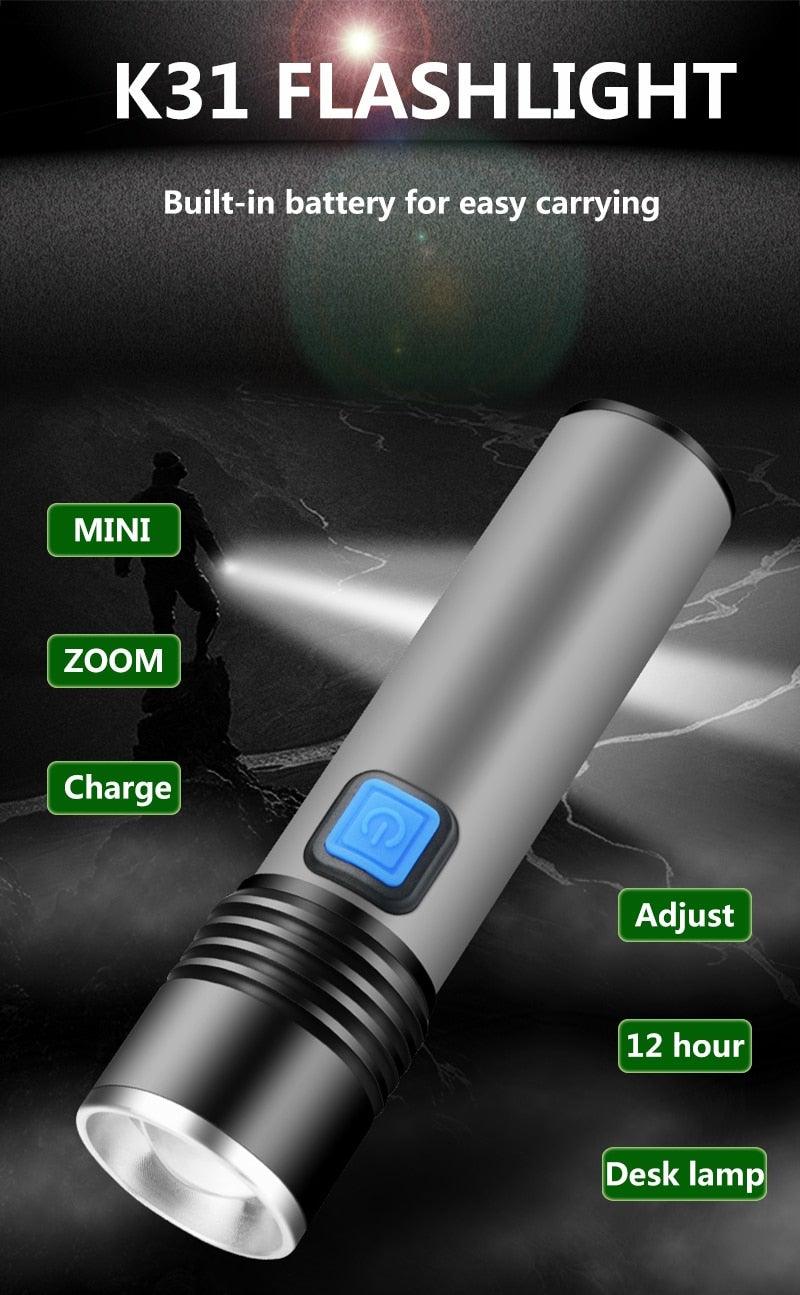 Built in battery XP-G Q5 Zoom Focus Mini led Flashlight Torch Lamp Lantern 2000 Lumen Adjustable Penlight Waterproof T6 light  Focus IP65 Water-Resistant Portable for Indoor and Outdoor Camping Hiking