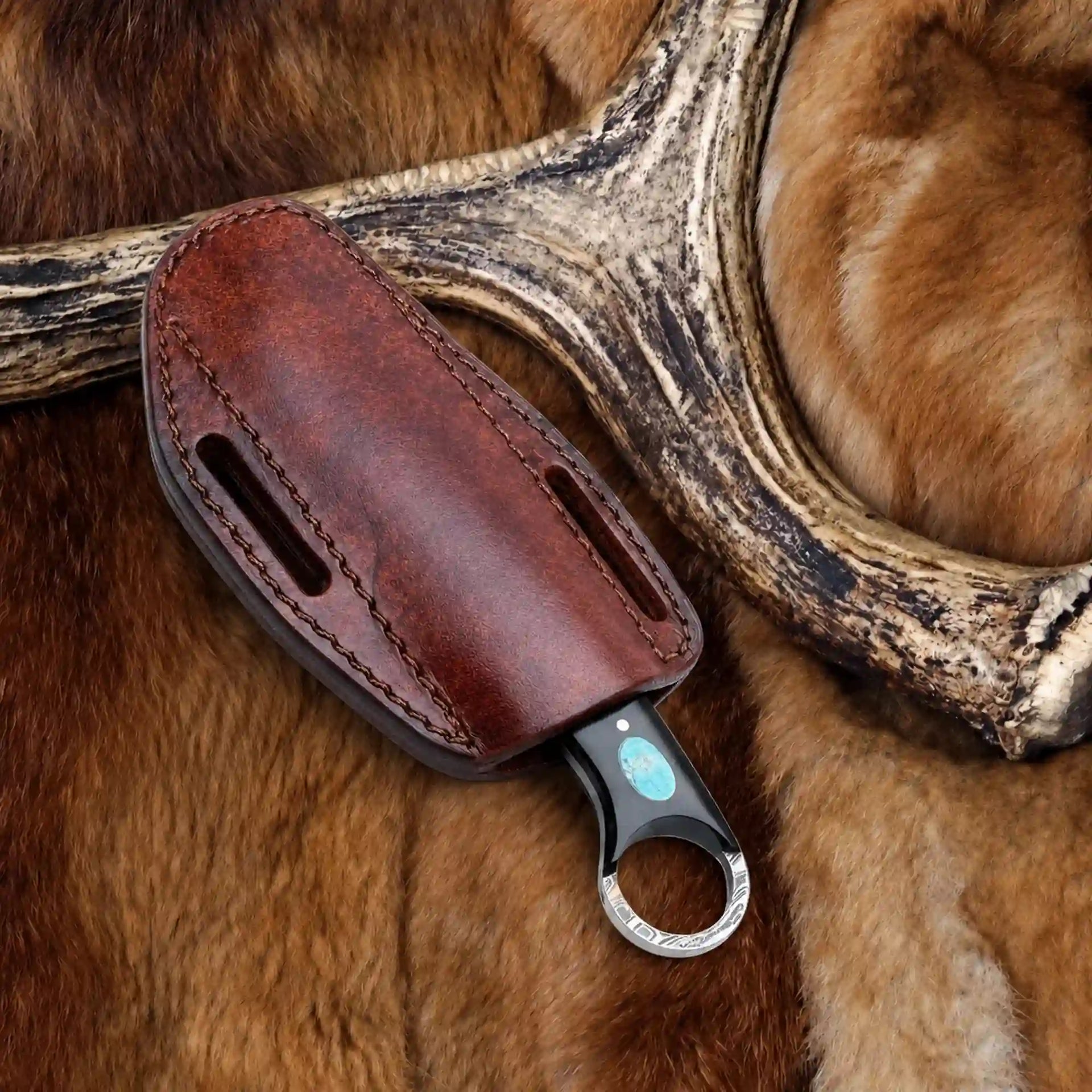 Bull Cutter Knife | Copper Damascus with Turquoise and Ring Pommel