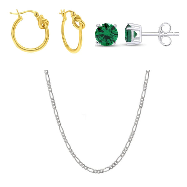 Hoop Earrings And Necklace Jewelry Bundle: Sterling Silver 20 Inch Chain, Gold Plated Hoops, Sterling Silver Round Emerald Stud Earrings - Gifts for You 'n Me