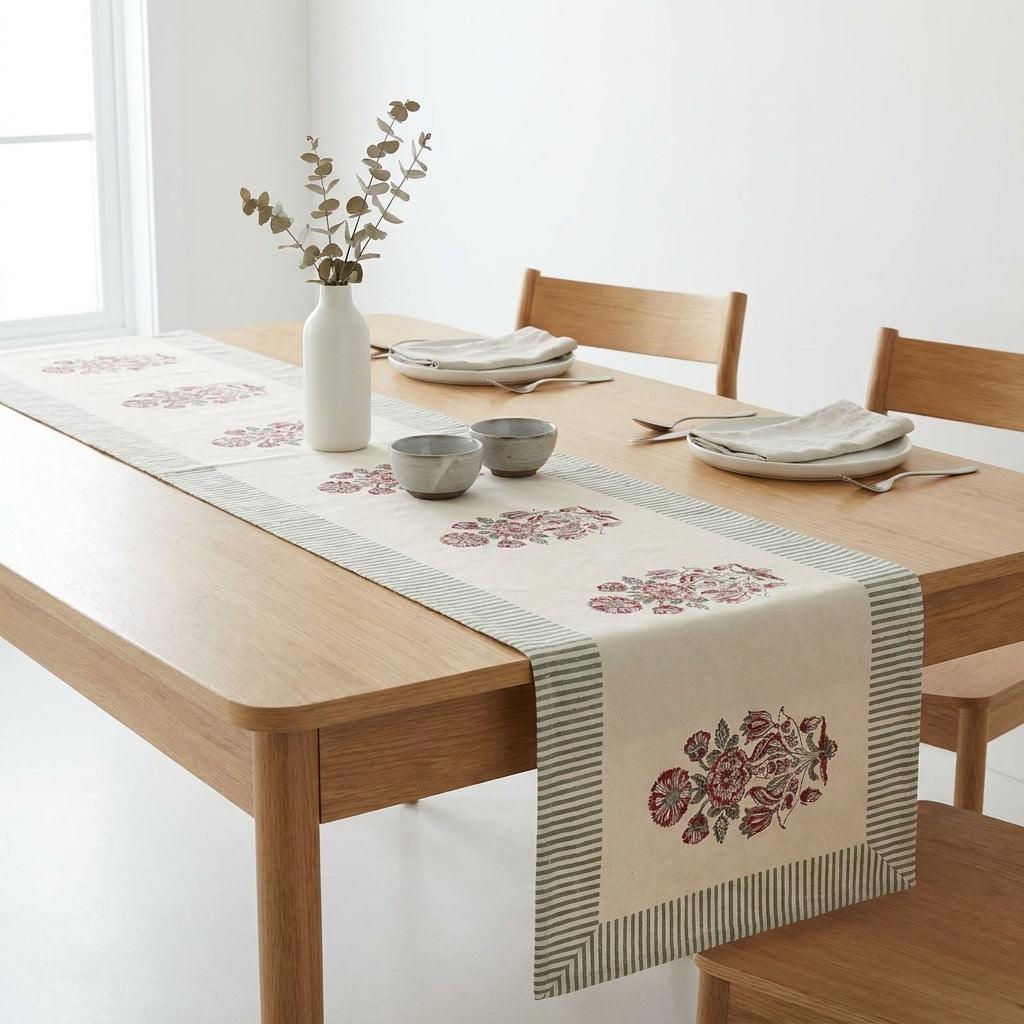 Hand Block Printed Cotton Burgundy & Charcoal Floral Bouquet 13 Pieces Table Linen Set