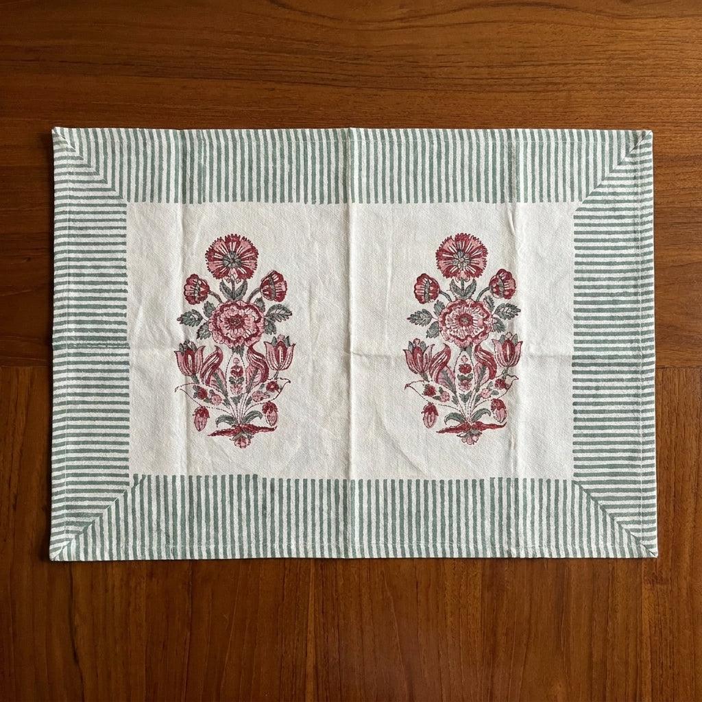 Hand Block Printed Cotton Burgundy & Charcoal Floral Bouquet 13 Pieces Table Linen Set