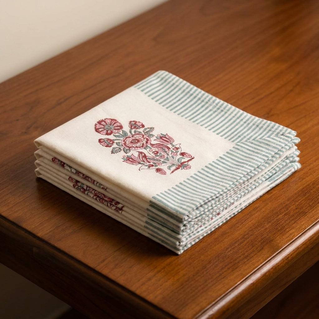 Hand Block Printed Cotton Burgundy & Charcoal Floral Bouquet 13 Pieces Table Linen Set