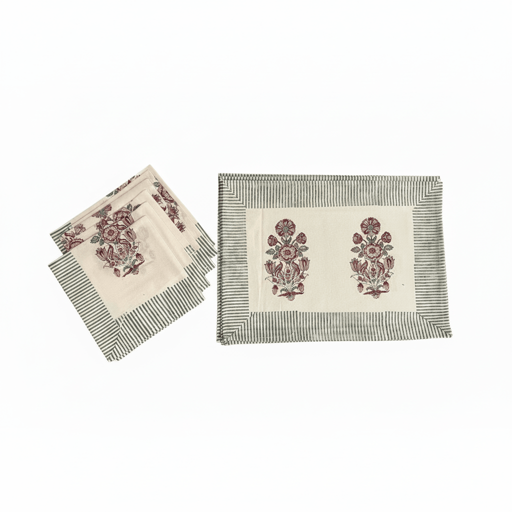 Hand Block Printed Cotton Burgundy & Charcoal Floral Bouquet 13 Pieces Table Linen Set