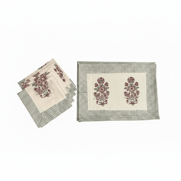 Hand Block Printed Cotton Burgundy & Charcoal Floral Bouquet 13 Pieces Table Linen Set