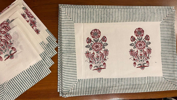 Hand Block Printed Cotton Burgundy & Charcoal Floral Bouquet 13 Pieces Table Linen Set