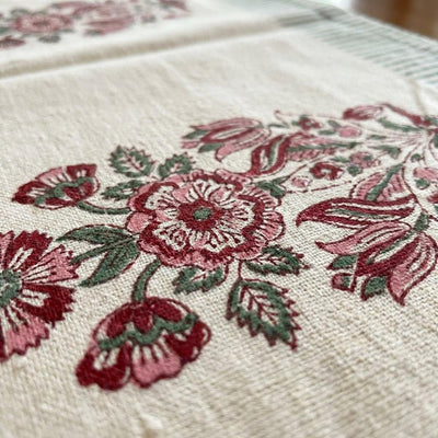 Hand Block Printed Cotton Burgundy & Charcoal Floral Bouquet 13 Pieces Table Linen Set