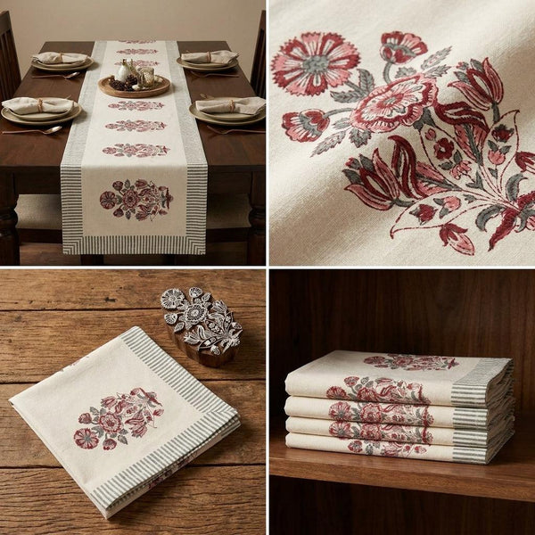 Hand Block Printed Cotton Burgundy & Charcoal Floral Bouquet 13 Pieces Table Linen Set