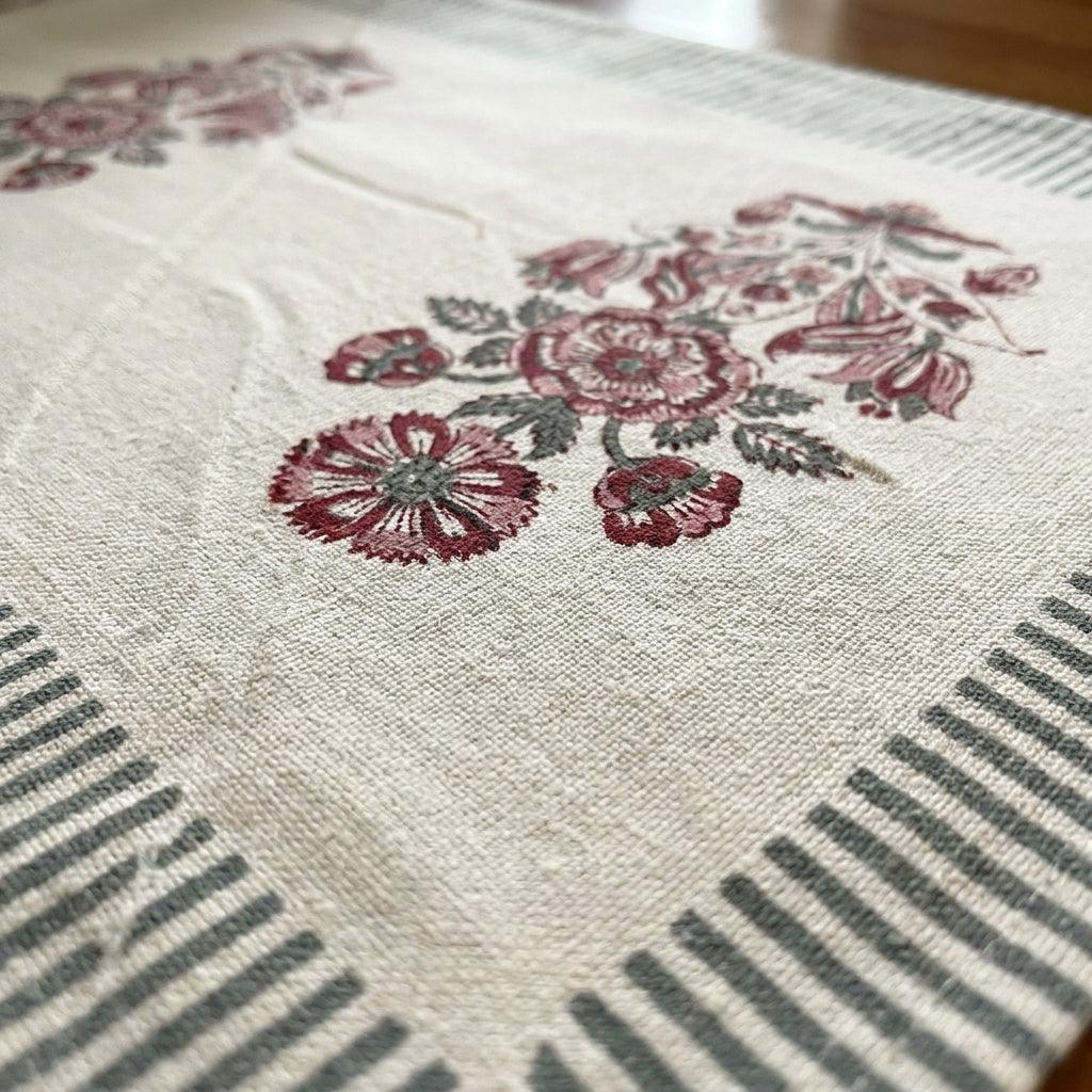 Hand Block Printed Cotton Burgundy & Charcoal Floral Bouquet 13 Pieces Table Linen Set