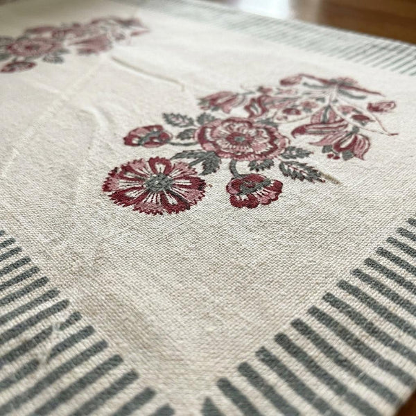Hand Block Printed Cotton Burgundy & Charcoal Floral Bouquet 13 Pieces Table Linen Set