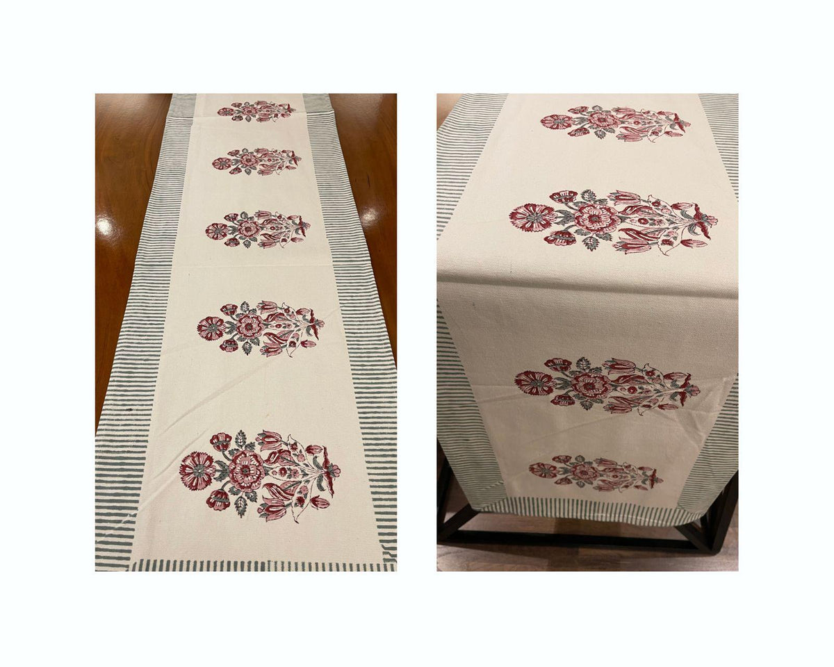 Hand Block Printed Cotton Burgundy & Charcoal Floral Bouquet 13 Pieces Table Linen Set