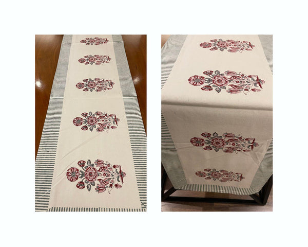 Hand Block Printed Cotton Burgundy & Charcoal Floral Bouquet 13 Pieces Table Linen Set