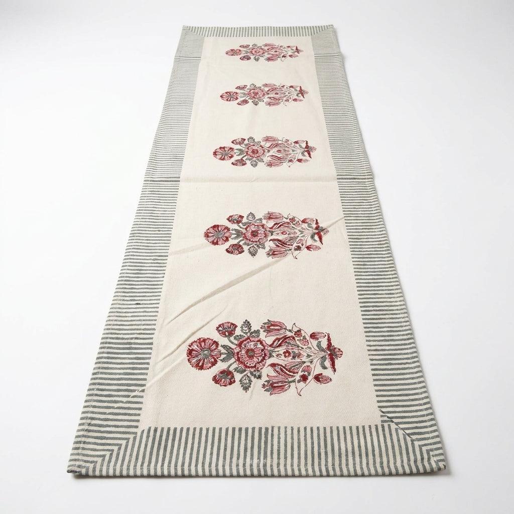 Hand Block Printed Cotton Burgundy & Charcoal Floral Bouquet 13 Pieces Table Linen Set