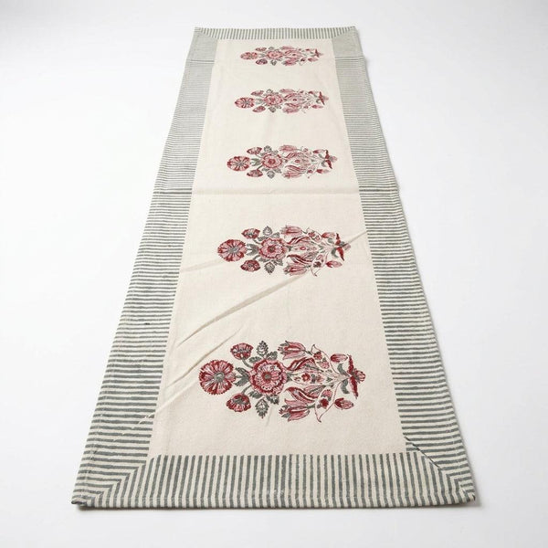 Hand Block Printed Cotton Burgundy & Charcoal Floral Bouquet 13 Pieces Table Linen Set
