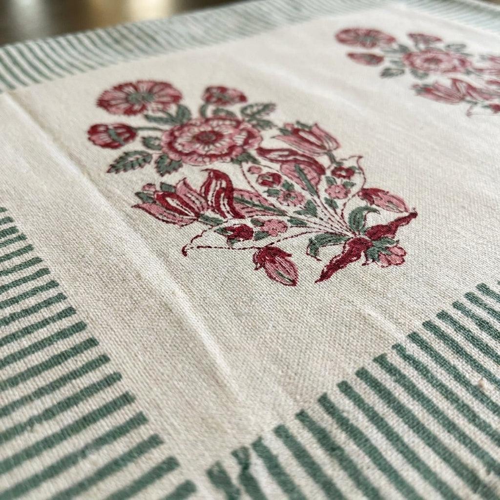 Hand Block Printed Cotton Burgundy & Charcoal Floral Bouquet 13 Pieces Table Linen Set