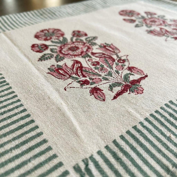 Hand Block Printed Cotton Burgundy & Charcoal Floral Bouquet 13 Pieces Table Linen Set