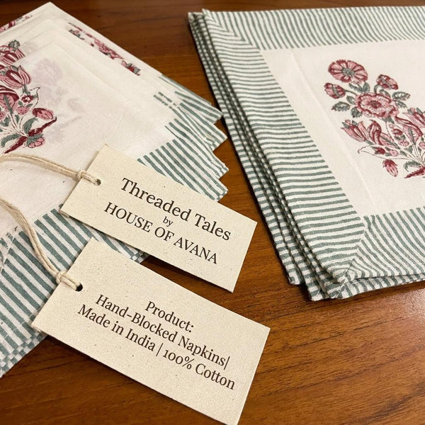Hand Block Printed Cotton Burgundy & Charcoal Floral Bouquet 13 Pieces Table Linen Set