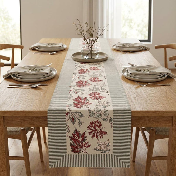 Burgundy & Slate Blue Autumn Leaf Table Linen Set – 13 Piece | Hand Block Printed Cotton | Runner, Placemats & Napkins