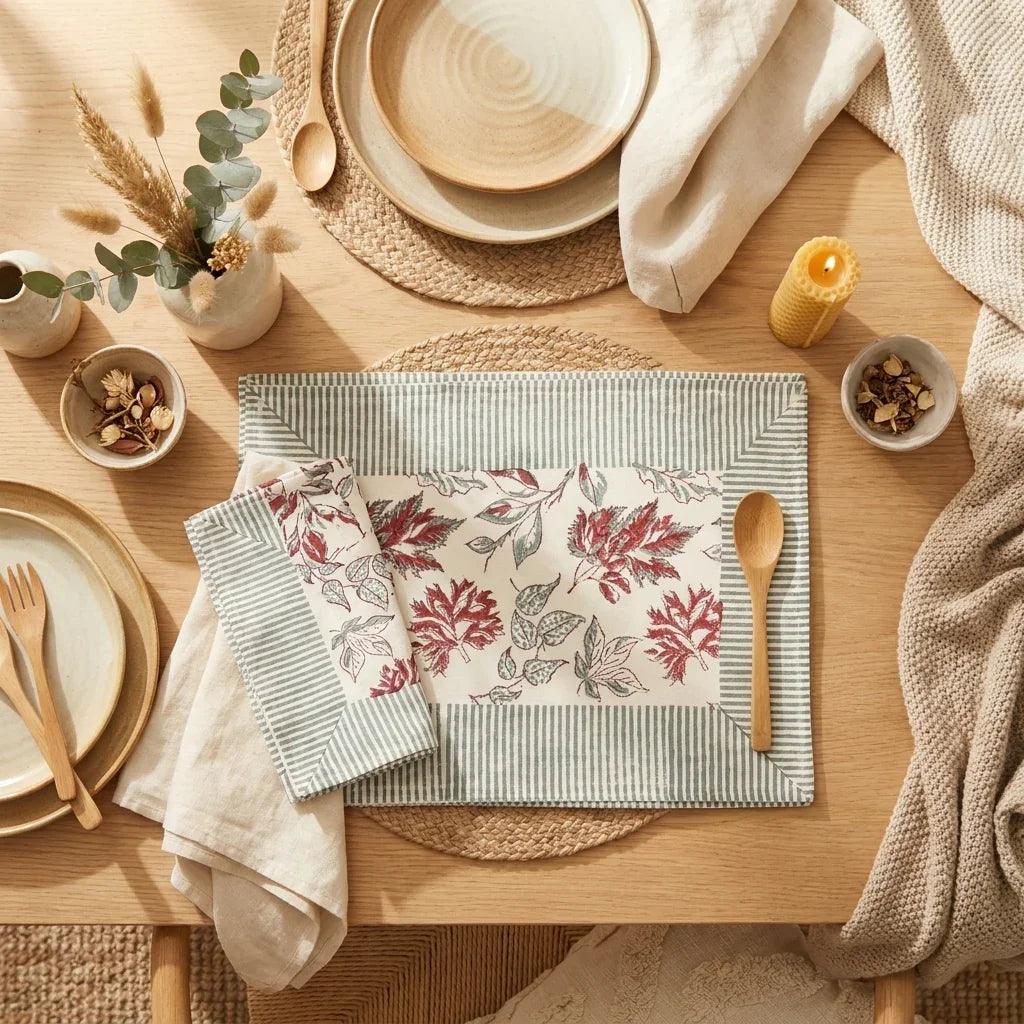 Burgundy & Slate Blue Autumn Leaf Table Linen Set – 13 Piece | Hand Block Printed Cotton | Runner, Placemats & Napkins