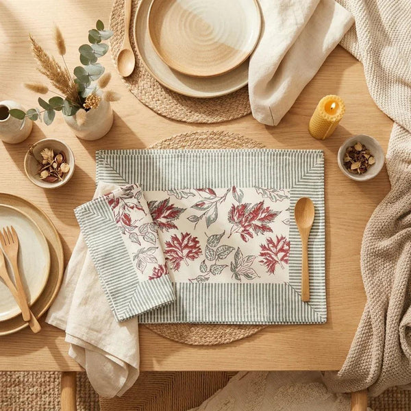 Burgundy & Slate Blue Autumn Leaf Table Linen Set – 13 Piece | Hand Block Printed Cotton | Runner, Placemats & Napkins