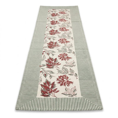 Burgundy & Slate Blue Autumn Leaf Table Linen Set – 13 Piece | Hand Block Printed Cotton | Runner, Placemats & Napkins