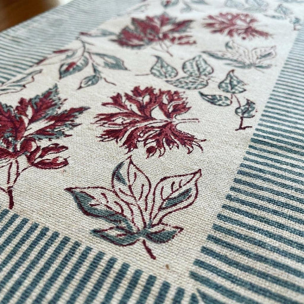 Burgundy & Slate Blue Autumn Leaf Table Linen Set – 13 Piece | Hand Block Printed Cotton | Runner, Placemats & Napkins