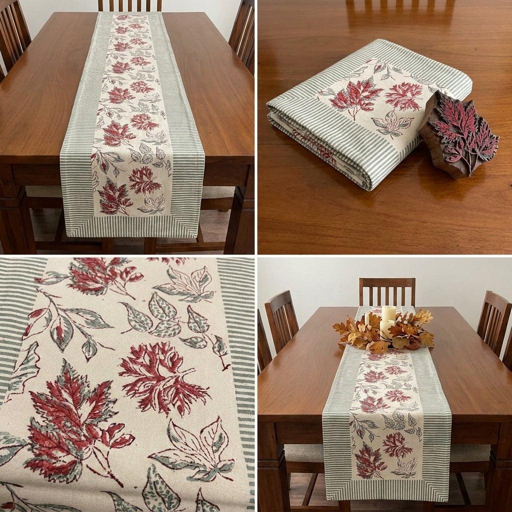Burgundy & Slate Blue Autumn Leaf Table Linen Set – 13 Piece | Hand Block Printed Cotton | Runner, Placemats & Napkins