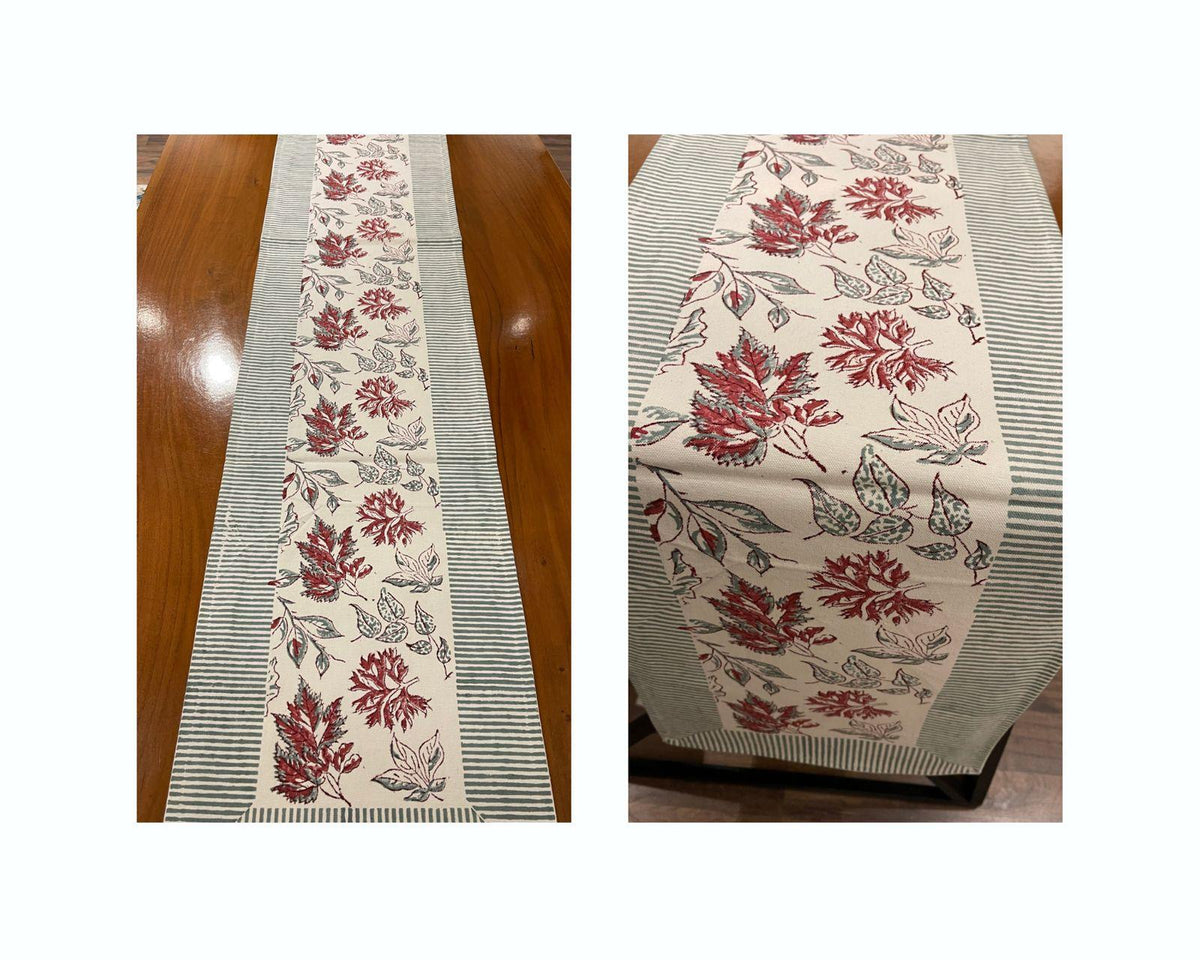 Burgundy & Slate Blue Autumn Leaf Table Linen Set – 13 Piece | Hand Block Printed Cotton | Runner, Placemats & Napkins