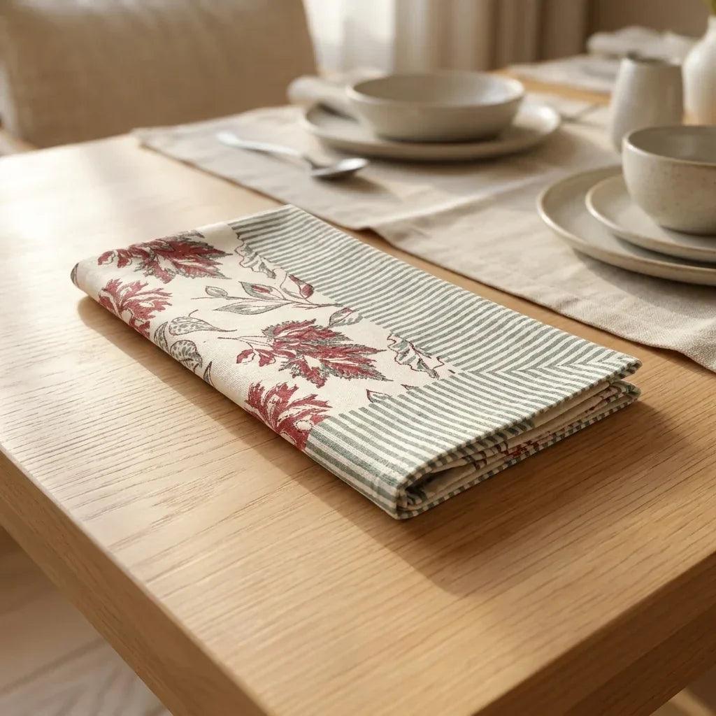 Burgundy & Slate Blue Autumn Leaf Table Linen Set – 13 Piece | Hand Block Printed Cotton | Runner, Placemats & Napkins