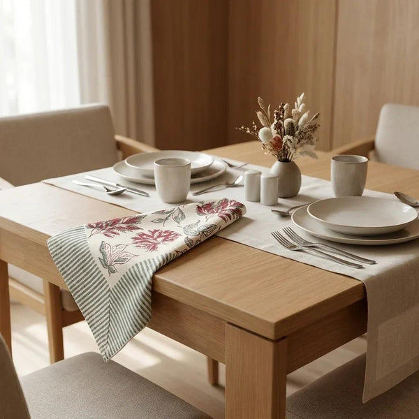 Burgundy & Slate Blue Autumn Leaf Table Linen Set – 13 Piece | Hand Block Printed Cotton | Runner, Placemats & Napkins