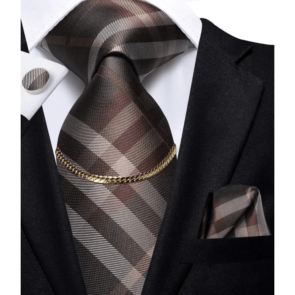 Business Black Silk Necktie Chain Classic Tie Square Handkerchief Elegant Cufflink Wedding Formal Neckties For Men
