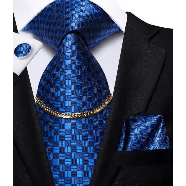 Business Black Silk Necktie Chain Classic Tie Square Handkerchief Elegant Cufflink Wedding Formal Neckties For Men