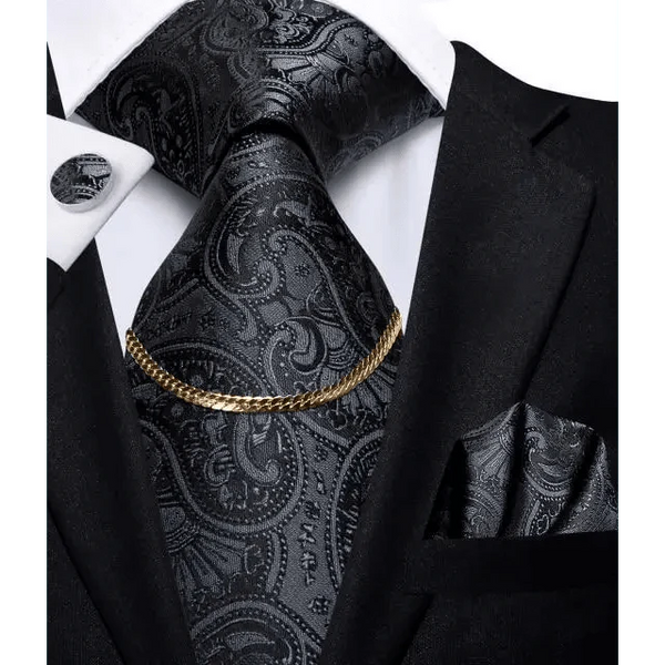 Business Black Silk Necktie Chain Classic Tie Square Handkerchief Elegant Cufflink Wedding Formal Neckties For Men