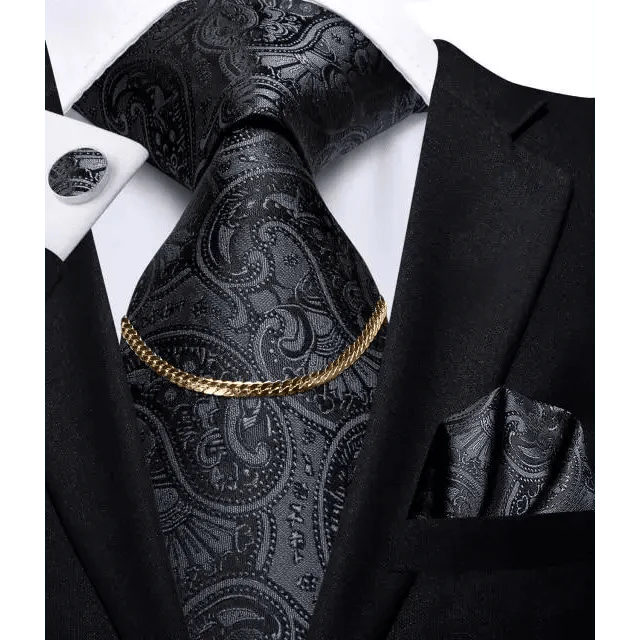 Business Black Silk Necktie Chain Classic Tie Square Handkerchief Elegant Cufflink Wedding Formal Neckties For Men