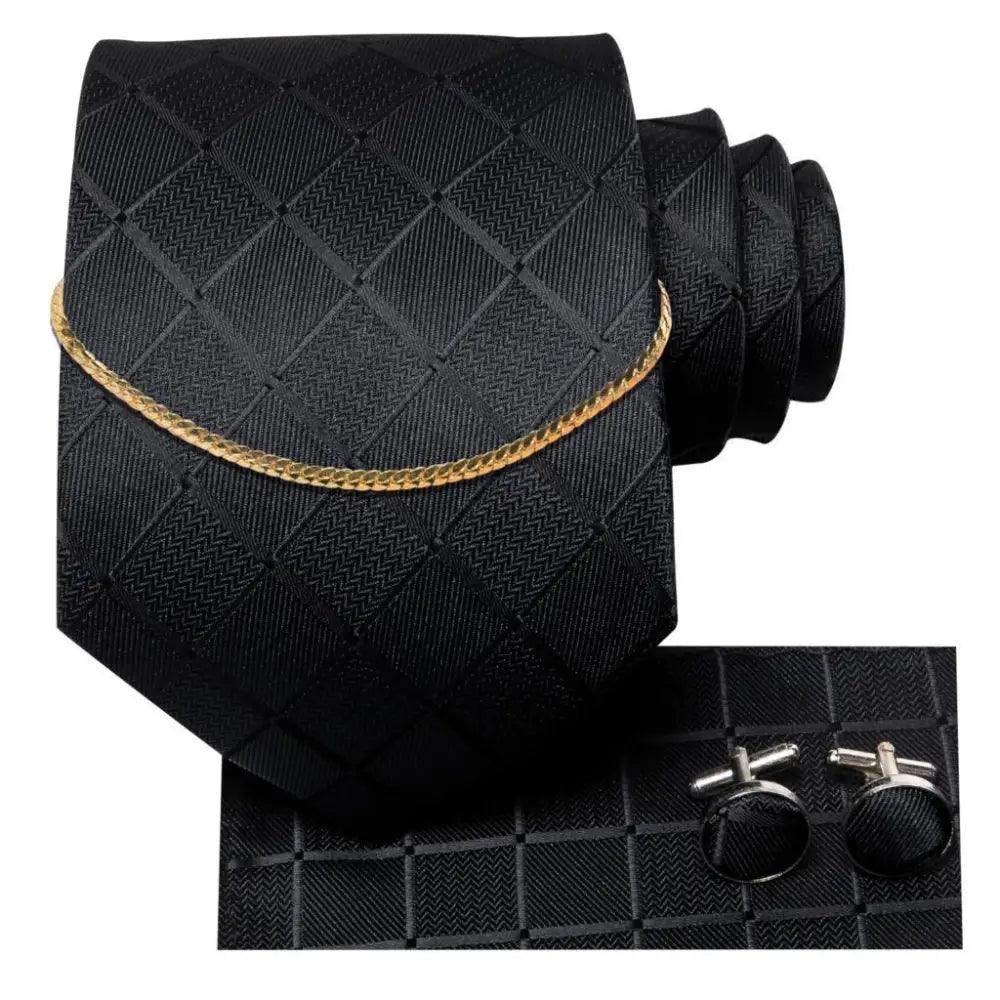Business Black Silk Necktie Chain Classic Tie Square Handkerchief Elegant Cufflink Wedding Formal Neckties For Men
