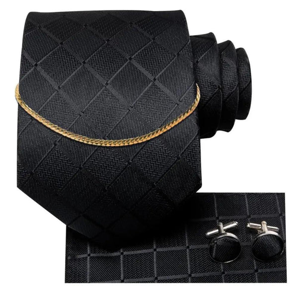 Business Black Silk Necktie Chain Classic Tie Square Handkerchief Elegant Cufflink Wedding Formal Neckties For Men