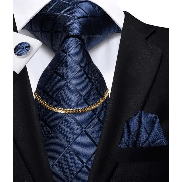 Business Black Silk Necktie Chain Classic Tie Square Handkerchief Elegant Cufflink Wedding Formal Neckties For Men