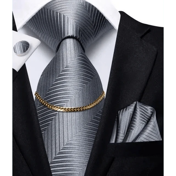 Business Black Silk Necktie Chain Classic Tie Square Handkerchief Elegant Cufflink Wedding Formal Neckties For Men