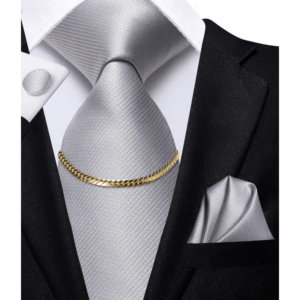 Business Black Silk Necktie Chain Classic Tie Square Handkerchief Elegant Cufflink Wedding Formal Neckties For Men