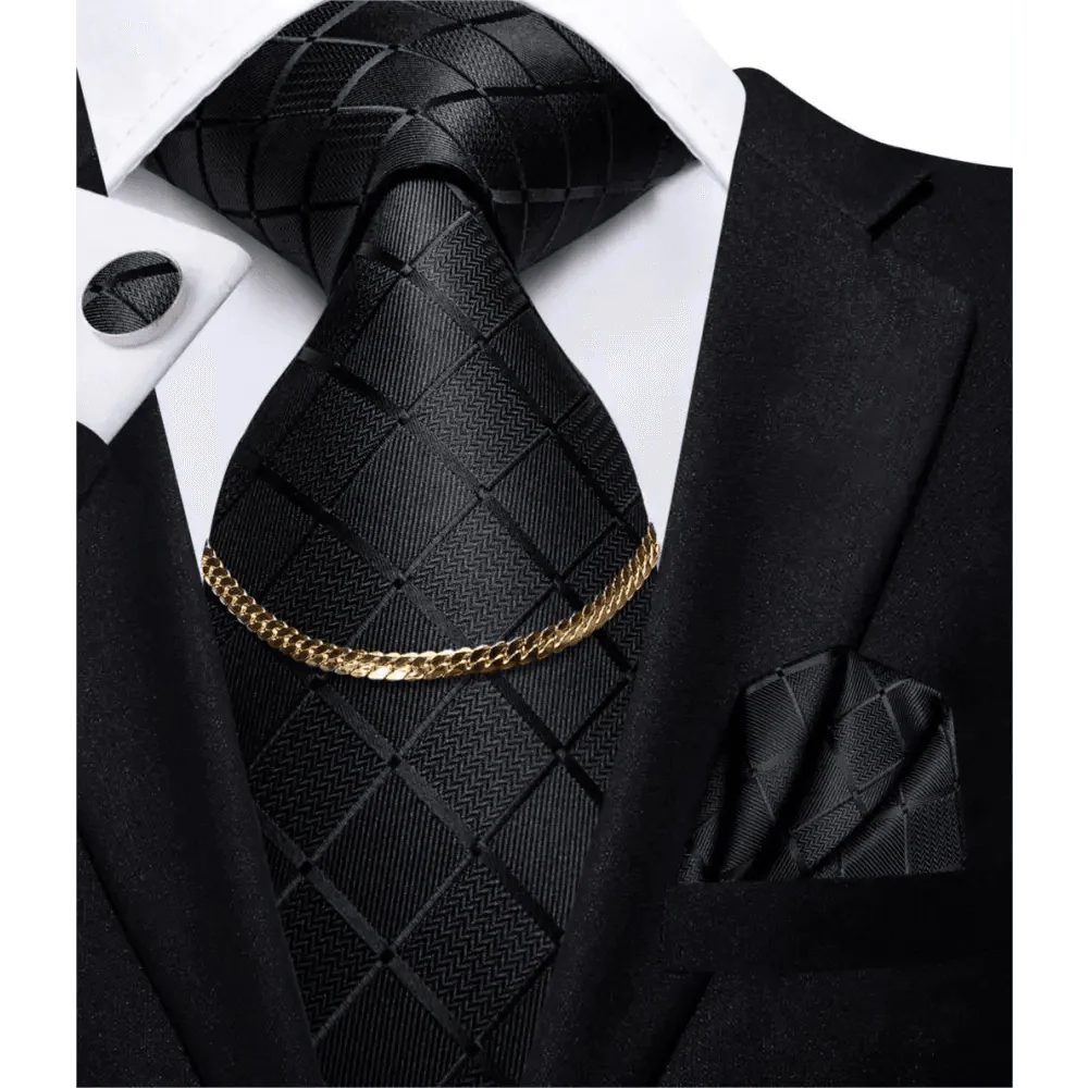 Business Black Silk Necktie Chain Classic Tie Square Handkerchief Elegant Cufflink Wedding Formal Neckties For Men