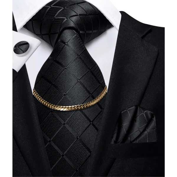 Business Black Silk Necktie Chain Classic Tie Square Handkerchief Elegant Cufflink Wedding Formal Neckties For Men