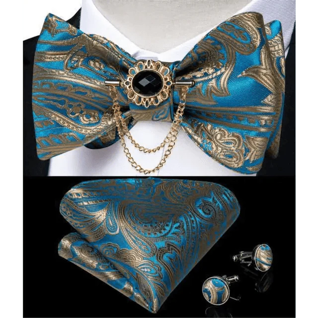 Business Elegant Gold Black Pattern Elegant Wedding Silk Bowtie Men Butterfly Fashion Bow Ties Pocket Square Classic Business Tuxedo Wedding Bowties Handkerchief Set