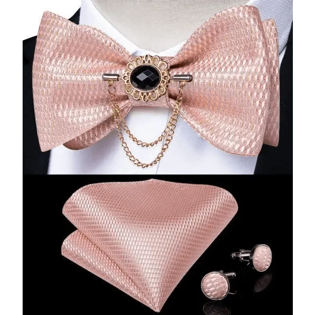 Business Elegant Gold Black Pattern Elegant Wedding Silk Bowtie Men Butterfly Fashion Bow Ties Pocket Square Classic Business Tuxedo Wedding Bowties Handkerchief Set