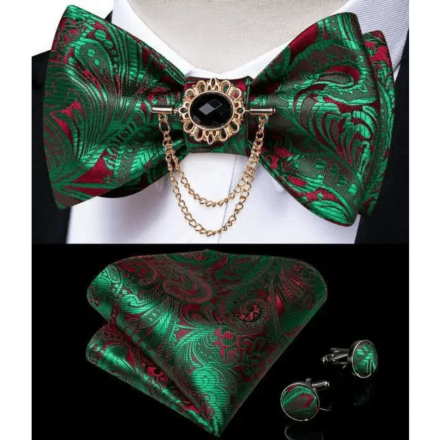 Business Elegant Gold Black Pattern Elegant Wedding Silk Bowtie Men Butterfly Fashion Bow Ties Pocket Square Classic Business Tuxedo Wedding Bowties Handkerchief Set