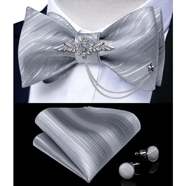 Business Elegant Gold Black Pattern Elegant Wedding Silk Bowtie Men Butterfly Fashion Bow Ties Pocket Square Classic Business Tuxedo Wedding Bowties Handkerchief Set